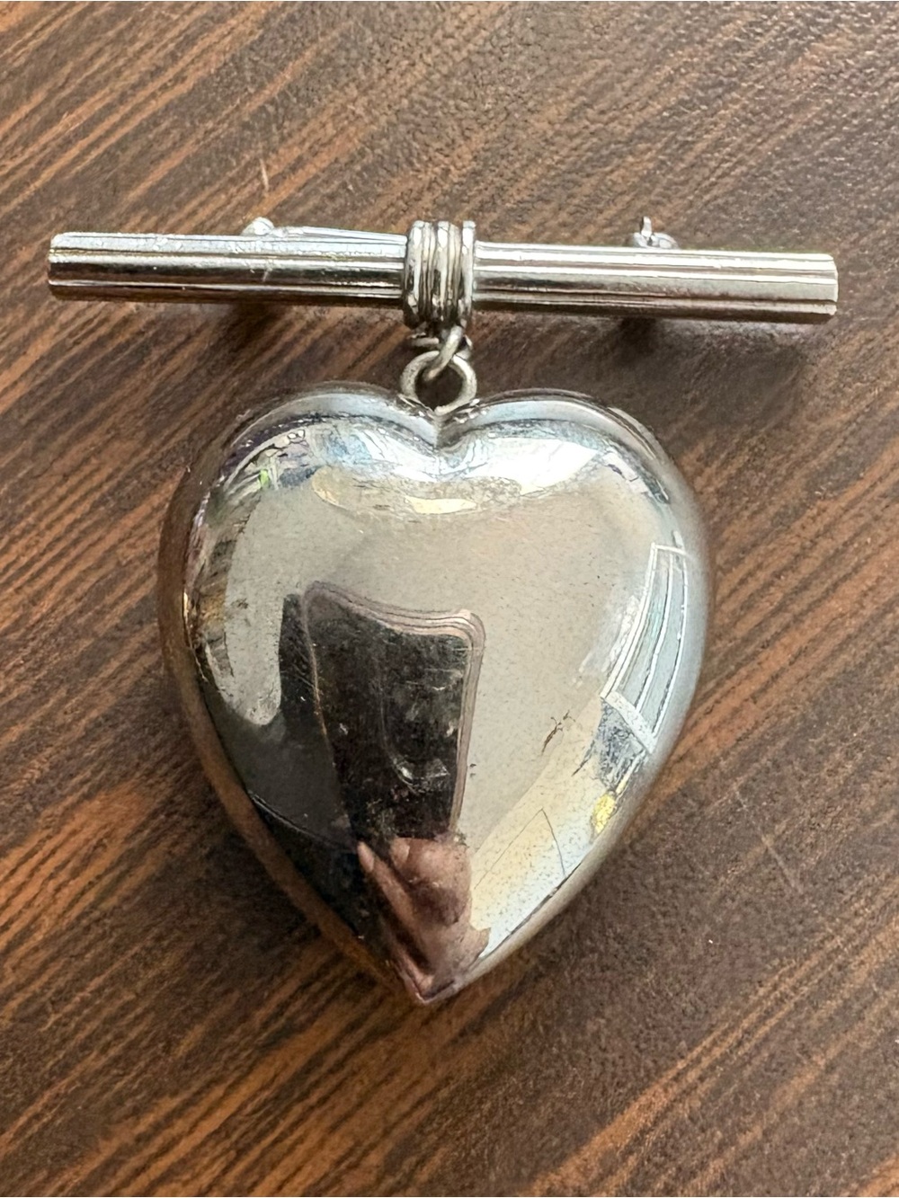 Vintage Silver Tone Heart Dangle Brooch Heart Pin Unique Toggle Bar Design